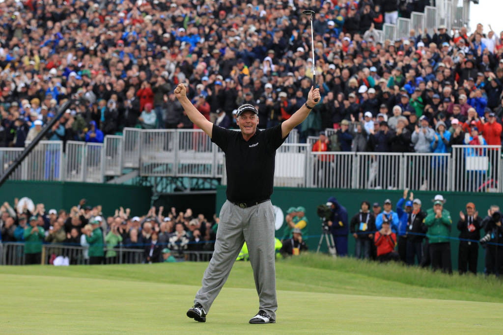 Darren Clarke celebrates victory at The 140th Open.